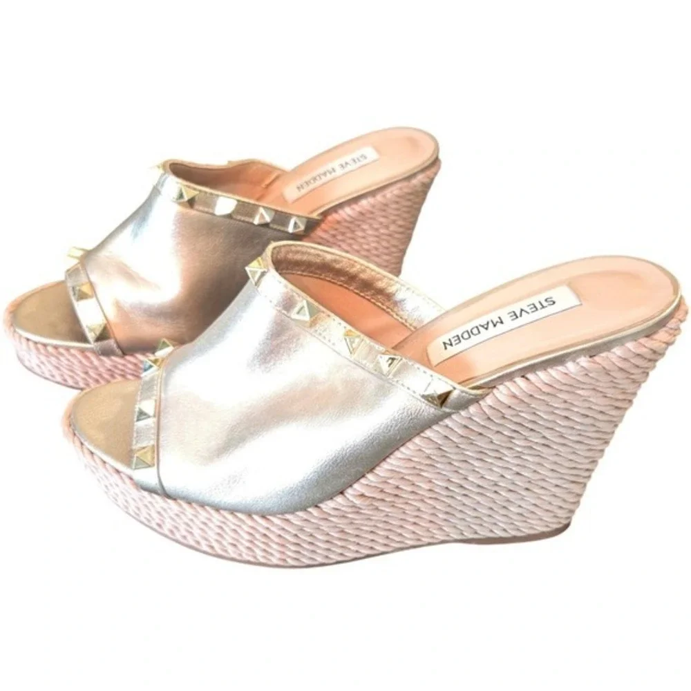 Steve Madden Gold Studded Espadrille‎ Wedge Mules Womens 7.5 Metallic Platform